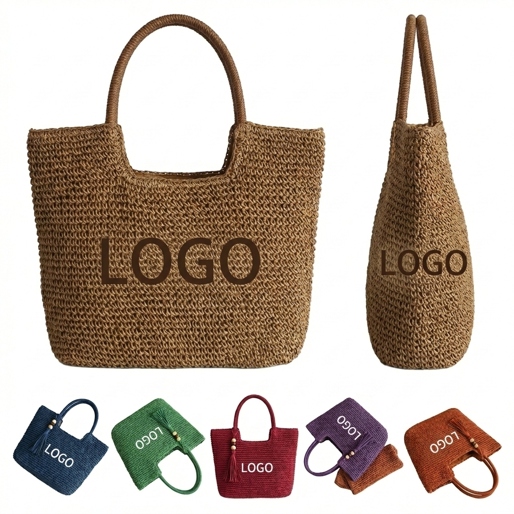 Boho Chic Woven Rattan Straw Tote with Zippered Pocket for Women