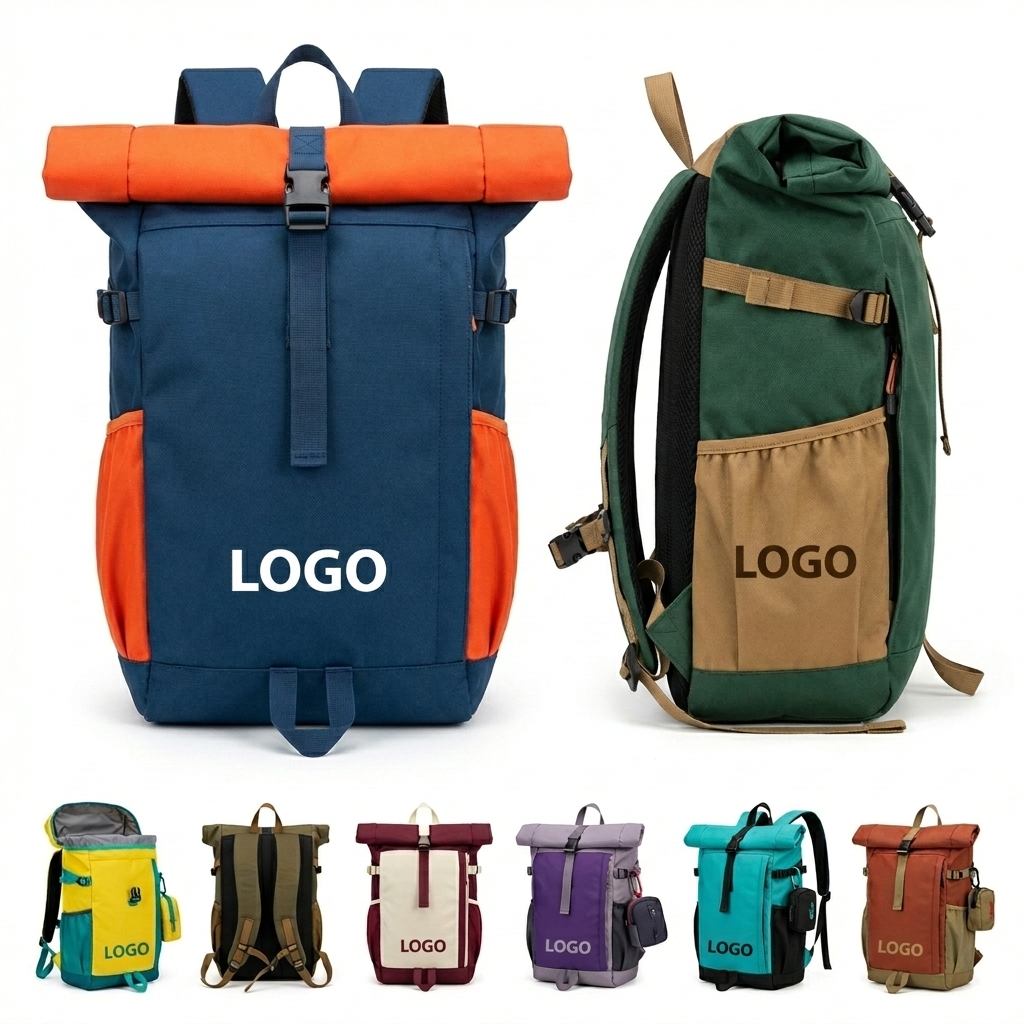 Waterproof Rolltop Laptop Backpack - Durable Polyester Casual Bag with Front Pocket